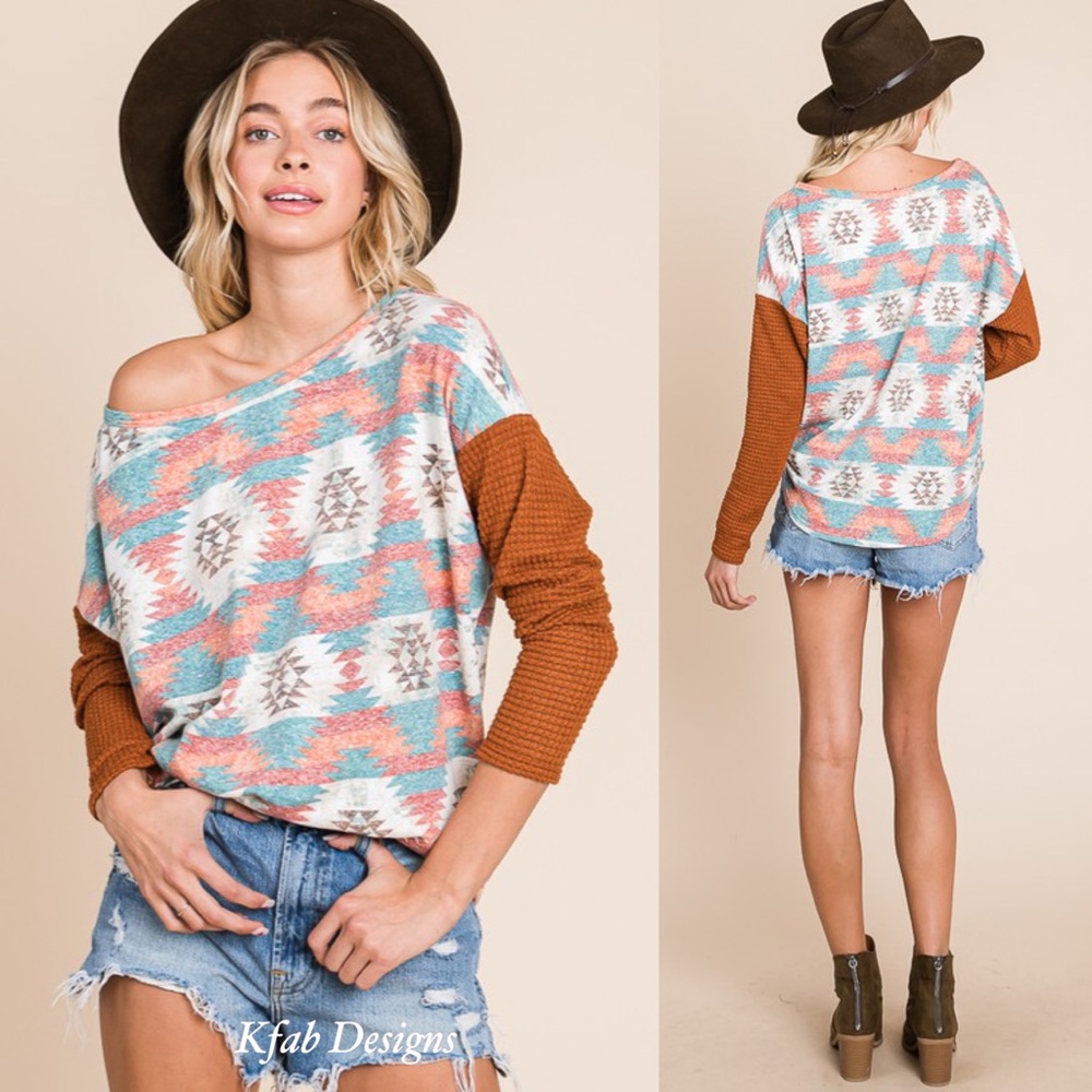 ❤️LAST! Color Block Thermal Aztec Print Relaxed Fit Top! - Picture 4 of 9